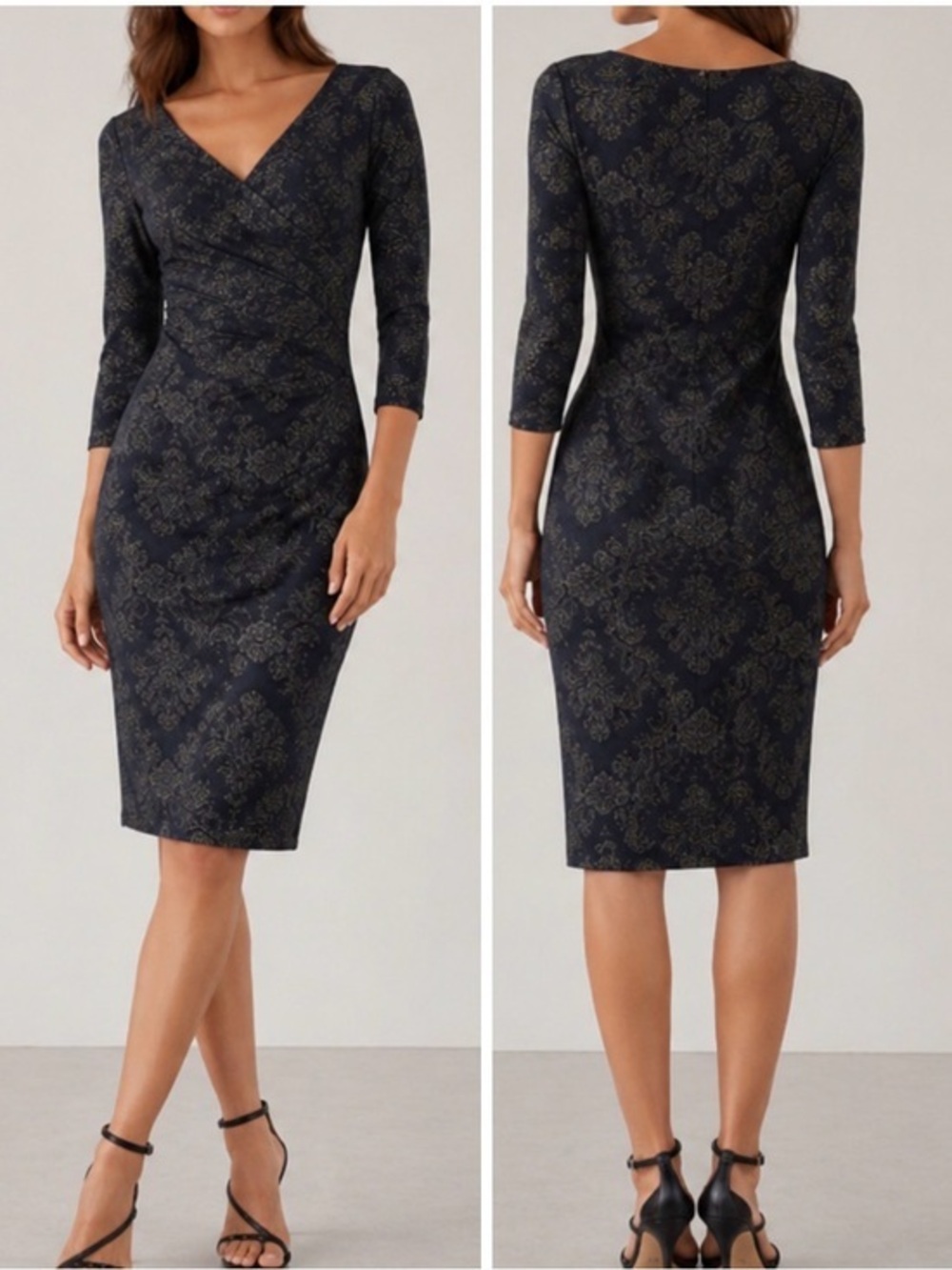Chiara Boni La Petite Robe Luiza Black Silver Damask Sheath Faux Wrap Dress